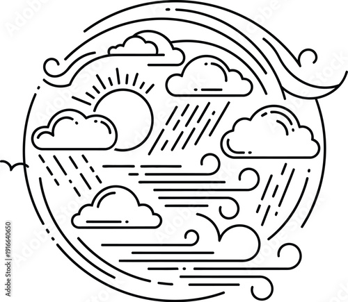 Black and white line art icon depicting various changing weather conditions including sun rain clouds and strong swirling wind patterns contained within a circle