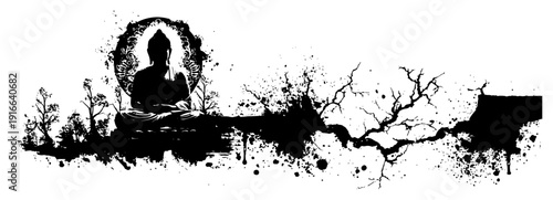 Sitting Buddha statue with organic branches and decorative ink splatter elements