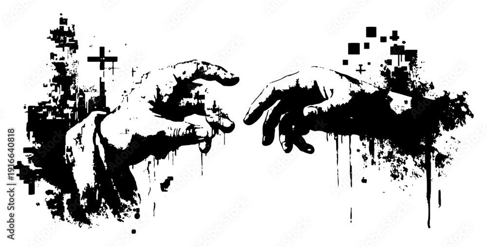 Obraz premium Creation of Adam style hands with digital glitch elements and messy ink textures