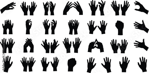 Hands silhouette set showing various gestures, open palms, raised arms and sign language symbols isolated black vector illustration collection