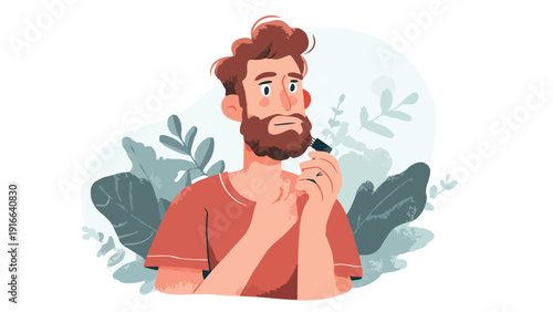 Flat illustration of a man with a beard grooming his face