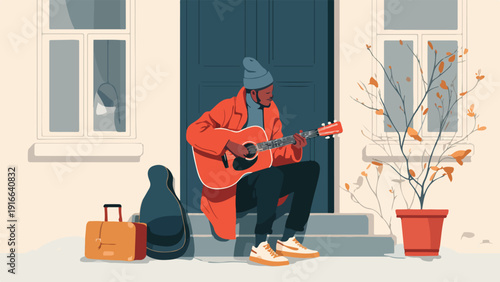 A man with a guitar sits on steps outside a building, with luggage nearby