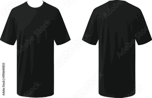 Black t-shirt mockup illustration, front and back view, blank apparel template, casual fashion, isolated, vector clothing design