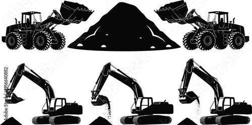 Heavy construction machinery excavators and loaders moving soil, industrial earthmoving equipment vector silhouette illustration collection set