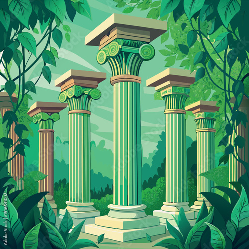 Ancient stone pillars ruins covered with green vines in a lush forest