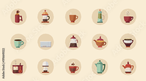A collection of flat design vector icons showcasing various coffee and tea beverages and brewing equipment.