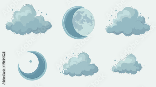 Set of blue cloudy night sky elements with crescent and full moon icons