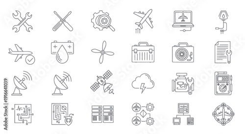 Set of aviation and technology line icons.