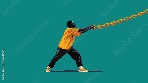 Man in orange shirt pulls a heavy chain upwards against a teal background