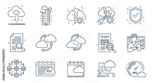 Cloud Computing, Data Management, and Disaster Recovery Line Icons Set