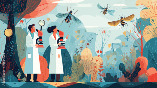 Scientists examine flying insects and flora in vibrant, stylized outdoor setting