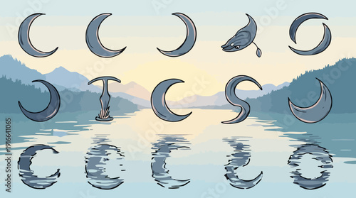 A collection of crescent moon shapes and abstract forms reflected on a serene lake surface.