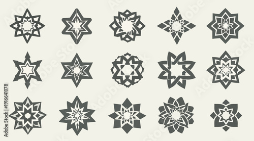 A collection of intricate geometric star and mandala shapes in a vector format.