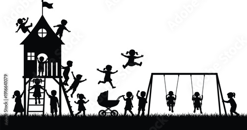 Happy children playing on playground with swings and slide, outdoor park activity vector silhouette illustration scene