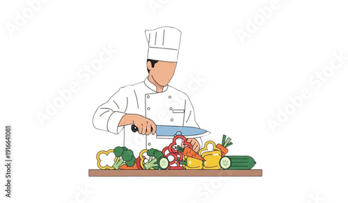 A chef prepares vegetables on a cutting board with a knife