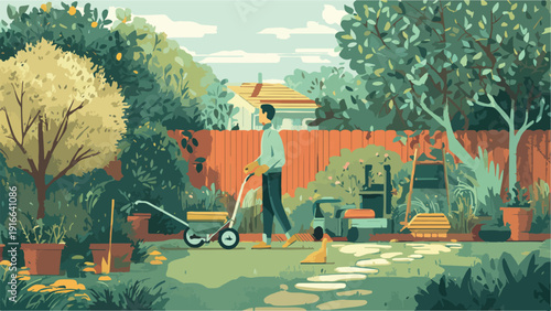 A man tends his lush garden, with lawn equipment ready for yard work