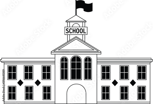 Classic school building facade with flag and windows, educational institution architecture vector illustration isolated design