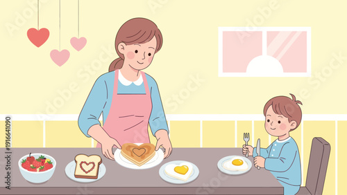 Mother and child preparing a heart-shaped breakfast together