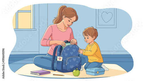 Mother and son preparing a backpack for school together.