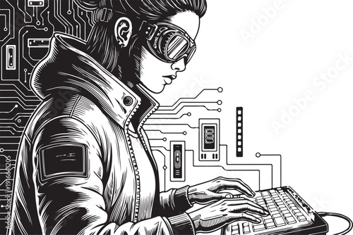 Cyberpunk Hacker Girl Typing on Holographic Keyboard Sci-Fi Anime Vector