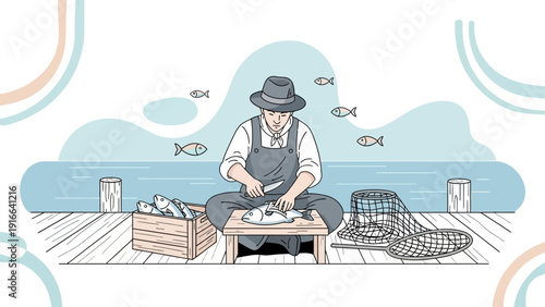 Fisherman cleaning fish by the sea on a wooden pier.