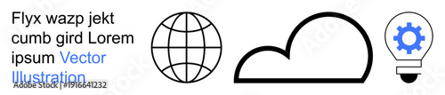 Cloud storage, networking, technology, innovation, digital services, global solutions. A globe, a cloud icon and a light bulb with a gear. Cloud storage and networking concept
