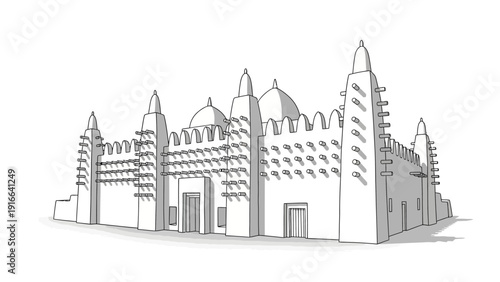 Illustration of a traditional African mosque with mud brick construction.