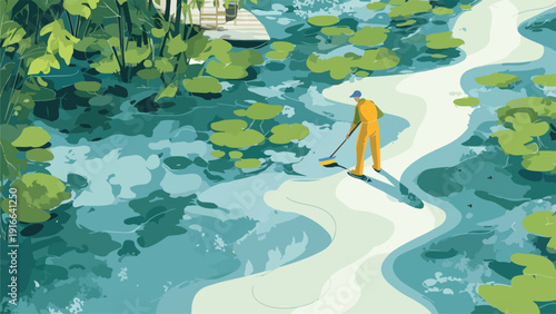 A figure in yellow overalls sweeps a path beside a serene pond filled with lily pads and lush foliage