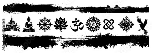 Spiritual symbols banner with Buddha lotus and om icons between grunge borders