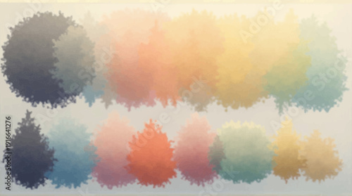 An abstract illustration depicts colorful, textured tree and shrub shapes transitioning across a light background.