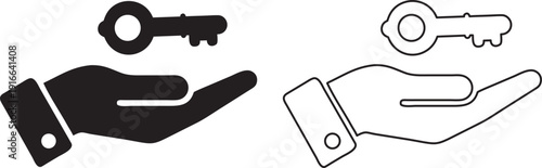 Key Handover vector silhouette, Hand Holding Key Icon logo  on white background EPS