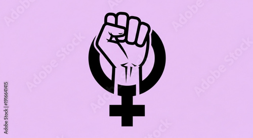 Feminist symbol with raised fist and venus symbol on purple background representing female empowerment and equality