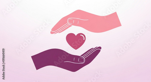 Two hands cupping a heart symbolizing love care and support in a pink and purple gradient background