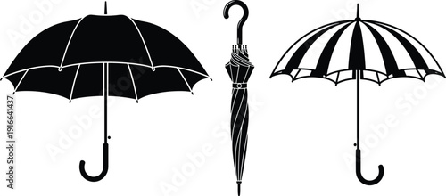 Umbrella silhouette icon set featuring open and closed rain umbrellas in vintage style isolated on white background black vector illustration