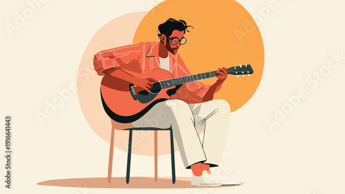 Stylized illustration of a man in glasses playing an acoustic guitar on a stool