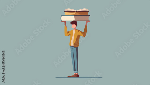 Person carrying a stack of open and closed books on their head against a muted background