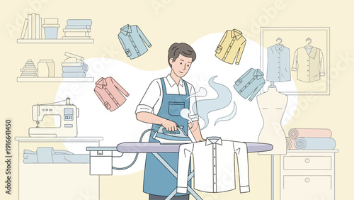 Smiling man ironing a shirt, providing laundry and clothing care service.