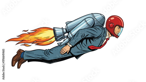 Man in suit flying with a jetpack and flame trail