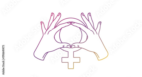 Hands forming a protective shield around a female symbol with a cross representing feminism and protection