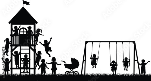 Children playing on playground with slides and swings, happy kids outdoor activity vector silhouette illustration scene