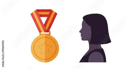 Woman looking at golden medal with star symbol on ribbon achievement and success concept