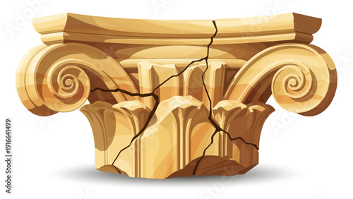 Cracked ancient ionic column capital, symbolizing decay and ruin.