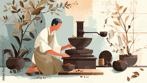 Person working at a rustic coffee grinder with plants in pots