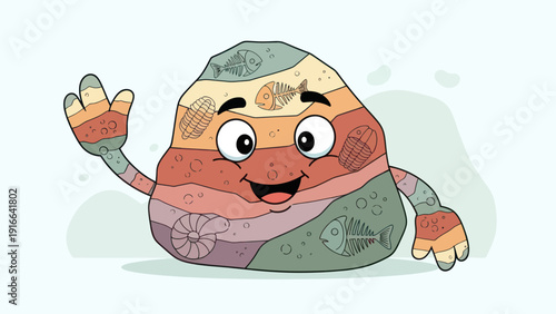 Friendly cartoon rock with fossils and geological layers waves hello.
