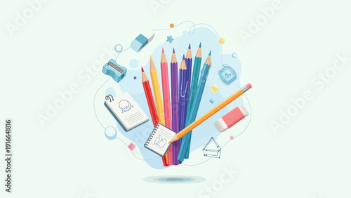 Colorful collection of school supplies for creativity and learning.