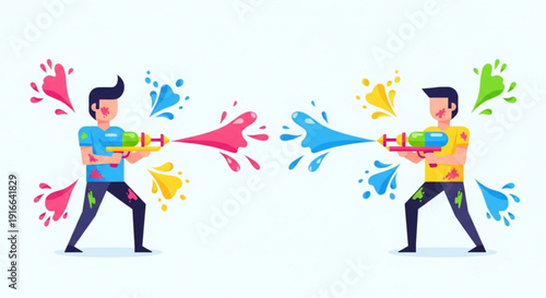 Two men playfully fight with colorful water guns on holi festival vibrant paint splashes
