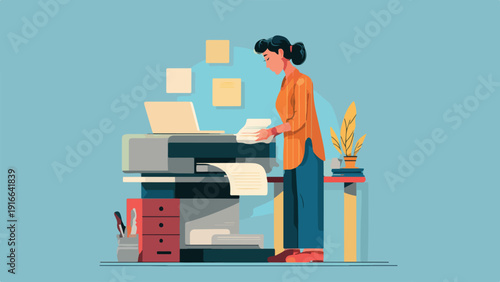 A woman stands at a printer next to a laptop with papers and a potted plant