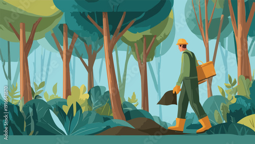 Forester in protective gear carries soil and tools through a lush, stylized forest
