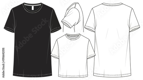 T-shirt flat sketch vector set with black and white blank garment templates.