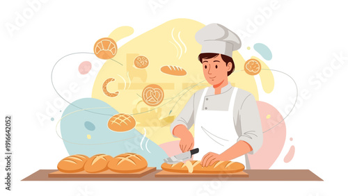 A professional baker slicing fresh bread, surrounded by various baked goods.
